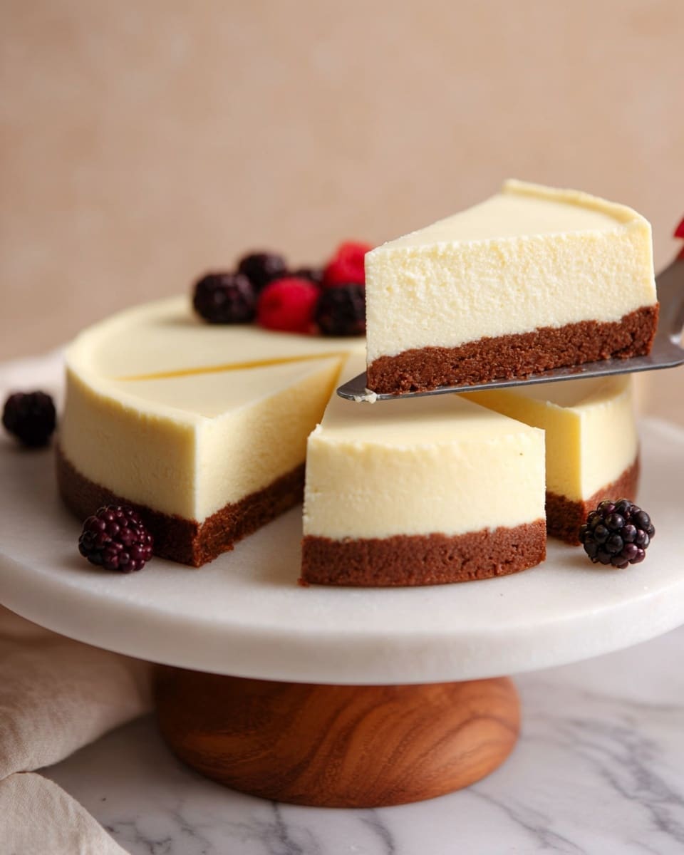 A cheesecake is shown on a white marble cake stand with a wooden base, placed on a white marbled surface. The cheesecake has two layers: the top layer is creamy pale yellow with a smooth texture, and the bottom layer is a thick, dense brown crust. It is cut into slices, with one slice being lifted by a metal cake server held by a woman's hand. Around the base, a few scattered raspberries and blackberries add a pop of red and dark purple color. The background is softly blurred with a light beige tone. photo taken with an iphone --ar 4:5 --v 7