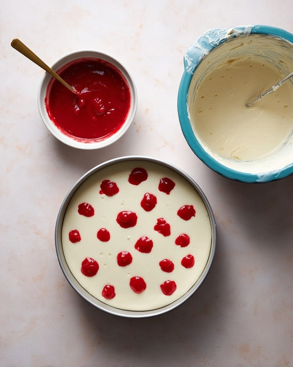 The image shows a round cake pan filled with a thick, smooth white batter layer on the bottom. On top of this layer, there are evenly spaced small red dollops of sauce spread out across the surface. To the right, there is a white bowl with a blue inside edge filled with more white batter, showing some batter drips on the bowl’s side. To the left, a small white bowl contains bright red sauce with a gold spoon resting inside. The setup is on a white marbled surface. Photo taken with an iphone --ar 4:5 --v 7