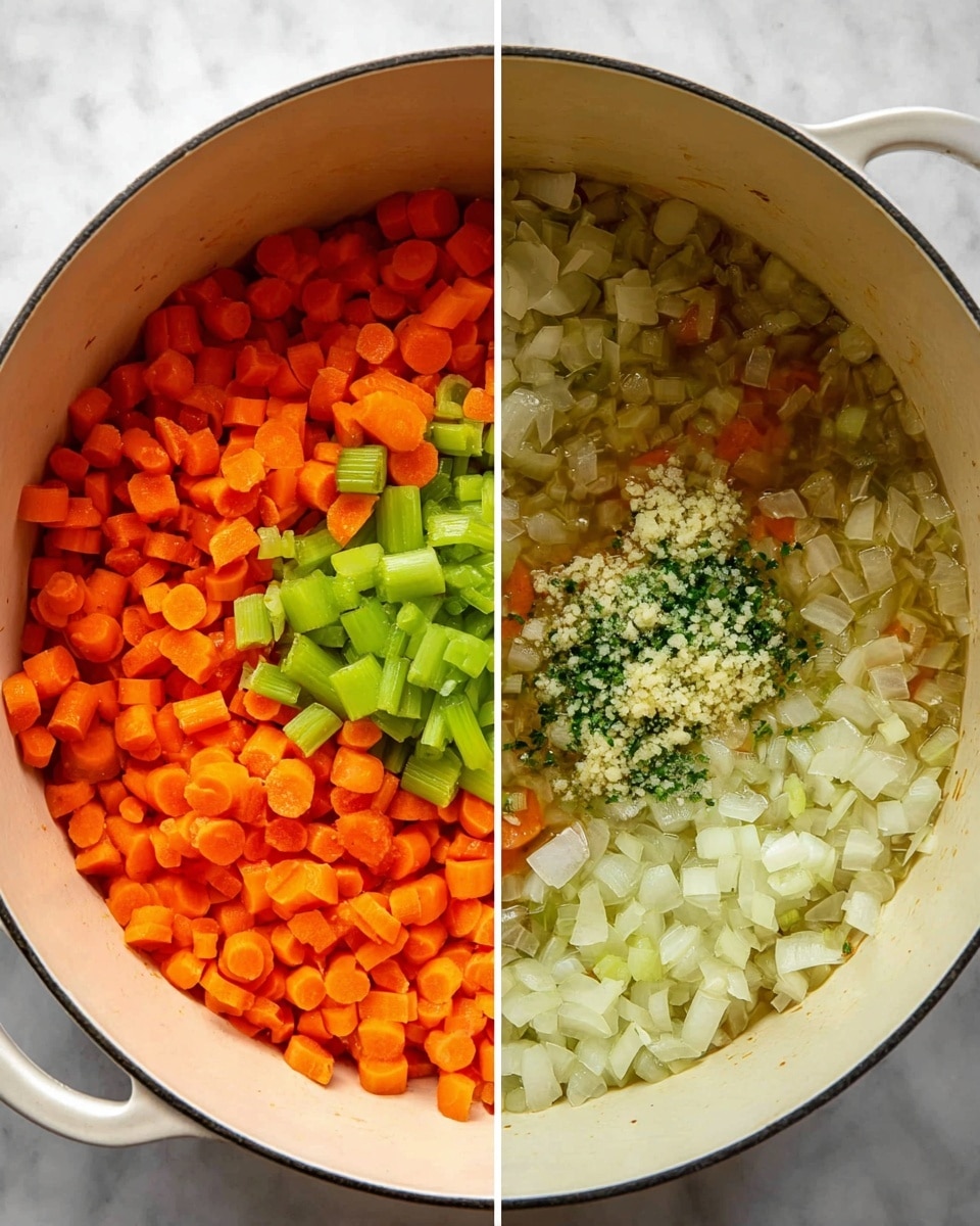 The image shows a white pot on a white marbled surface with two views side by side. On the left, the pot is filled with three layers of raw chopped vegetables: orange carrots in the top left, bright green celery in the top right, and white onions in the bottom half, all evenly distributed. On the right side, the same vegetables are now cooked and softer, mixed together with a small mound of finely chopped garlic added on top, showing a mix of softened orange, green, and translucent white colors inside the pot. Photo taken with an iphone --ar 4:5 --v 7