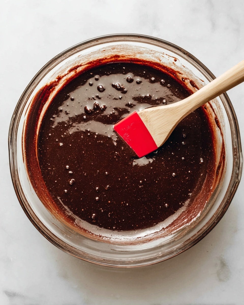 A clear glass bowl with a smooth, thick layer of dark brown chocolate batter inside, slightly bubbly on the surface. A wooden spatula with a red silicone tip is partially dipped into the batter, resting at an angle on the bowl’s edge. The bowl sits on a clean white marbled surface with some chocolate batter traces around the rim of the bowl. The batter has a glossy texture with small air bubbles scattered through it. Photo taken with an iphone --ar 4:5 --v 7