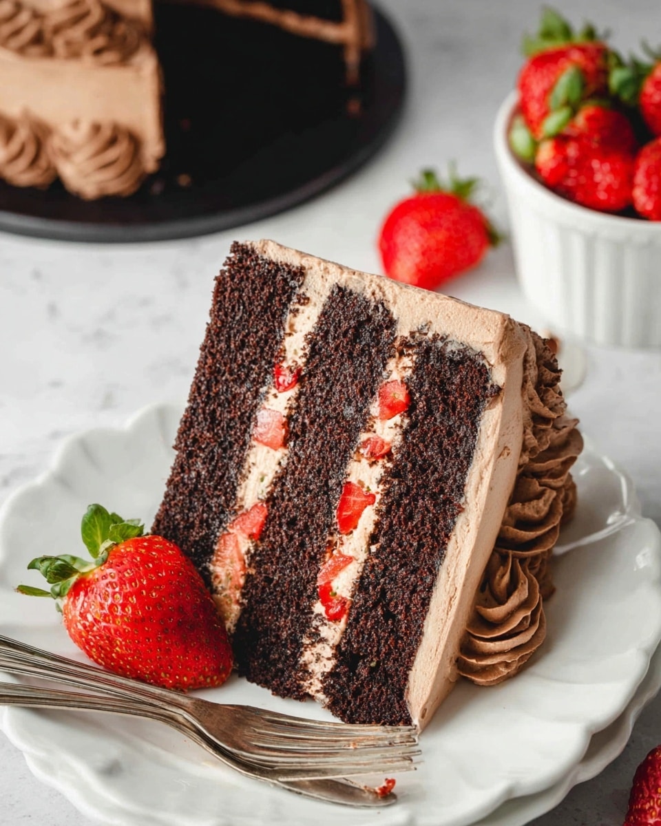 A slice of three-layer chocolate cake with dark, moist cake layers separated by light brown chocolate cream layers that have pieces of bright red strawberries inside. The top of the slice has a swirl of chocolate cream with a whole strawberry on the side. The slice is on a white scalloped plate with two silver forks crossed next to it, and there are two fresh strawberries placed beside the forks. In the background, part of the whole chocolate cake on a black plate and a white bowl with red strawberries are visible, all set on a white marbled textured surface. Photo taken with an iphone --ar 4:5 --v 7