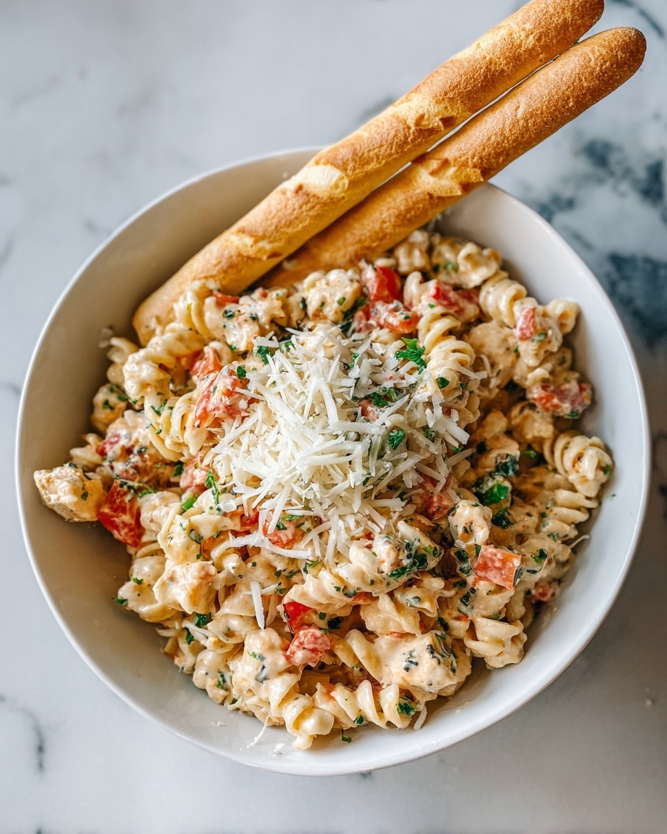 A white bowl filled with creamy pasta made with spiral noodles mixed with small pieces of red tomatoes and green herbs. The pasta is topped with a fine shower of white grated cheese, giving a fluffy look on top. Two long, light beige breadsticks rest on the edge of the bowl. A woman's hand is holding the bowl from the bottom left, and the background is a white marbled surface. photo taken with an iphone --ar 4:5 --v 7