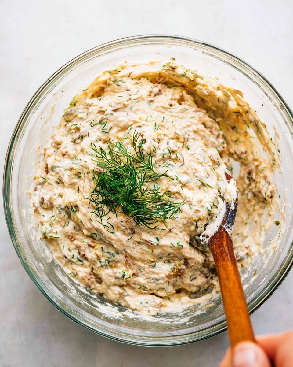 A close view of a clear glass bowl filled with a thick, creamy mixture that is beige with visible small green and brown bits all mixed in, showing a slightly rough texture. A wooden spoon with a dark tip is resting in the mixture, held by a woman's hand at the side. On top of the mixture, there is a small sprig of fresh green dill adding a touch of color. The bowl is placed on a white marbled texture surface. photo taken with an iphone --ar 4:5 --v 7