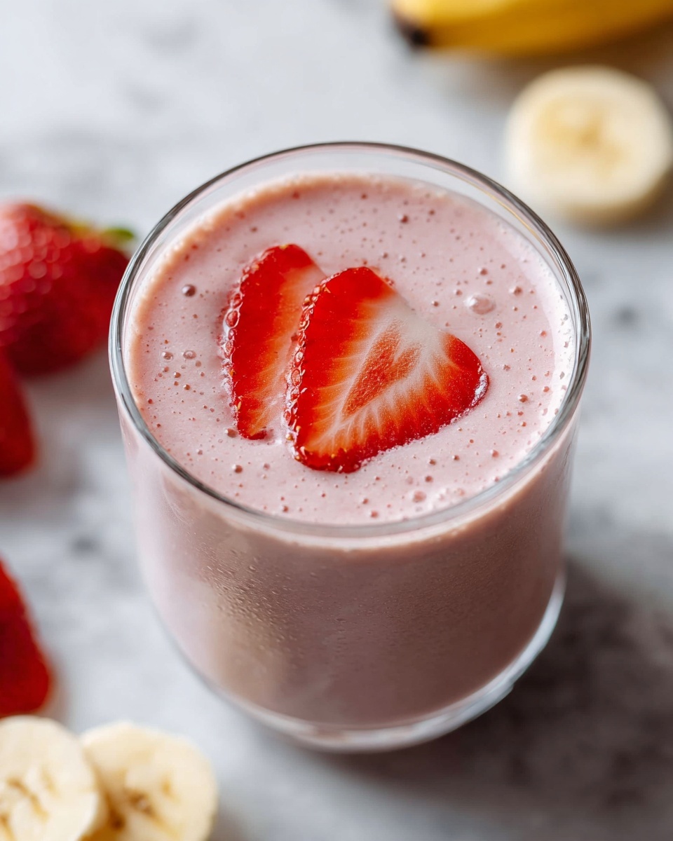 A tall glass filled with a smooth, light pink smoothie that has small bubbles on the surface. A fresh strawberry with green leaves is placed on the rim of the glass as decoration. The glass is sitting on a white marbled surface, with a spoon holding peanut butter blurred in the background on the left and a honey dipper with honey on the right. The overall look is clean and fresh. photo taken with an iphone --ar 4:5 --v 7