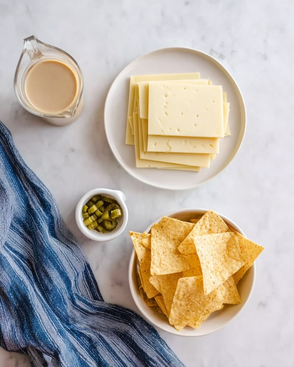The image shows a white plate with two stacks of thin, square slices of cheese, one stack slightly overlapping the other, both pale yellow with one having darker spots. Below the plate is a white bowl filled with triangular yellow corn chips, their texture rough and crunchy. Next to the bowl is a small white cup containing a few green chopped pickles. To the left, there is a clear small jug filled with a beige liquid, possibly a sauce or dressing. A blue and white striped cloth is draped loosely on the lower left side. The whole scene is set on a white marbled surface photo taken with an iphone --ar 4:5 --v 7