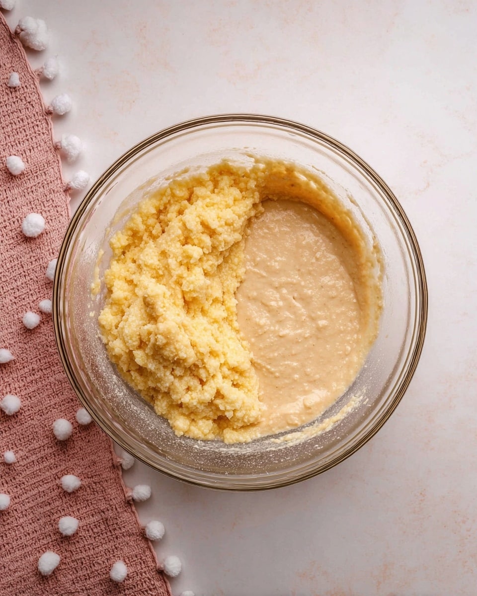 A clear glass bowl sits on a white marbled surface, containing two main layers inside it. On the right, there is a thick, creamy beige batter with a slightly bubbly texture. On the left, there is a chunky, light yellow mashed mixture that looks moist and soft. Both mixtures are side by side in about equal amounts, not mixed together yet. A pink cloth with white pom-poms is placed near the bottom left corner of the image. Photo taken with an iphone --ar 4:5 --v 7