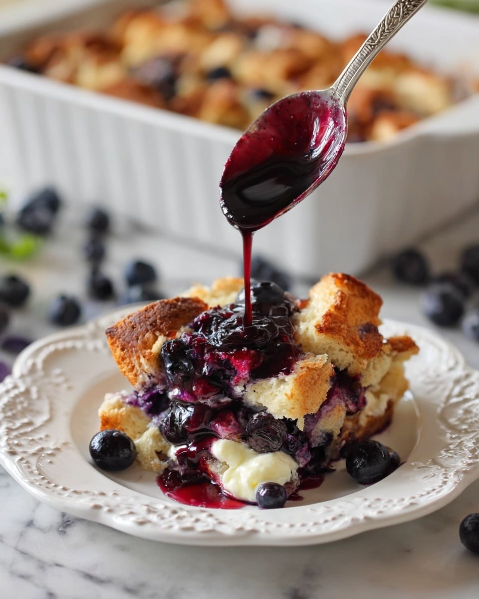 A serving of bread pudding with blueberries sits on a white plate with delicate carved edges. The pudding shows several layers: a crispy top layer of golden-brown bread pieces, with fresh blueberries baked inside and some white creamy filling visible between bread chunks. A spoon is pouring a thick, shiny, deep purple blueberry sauce over the top, dripping down the sides. In the background, a white rectangular baking dish filled with more bread pudding is partially visible, sitting on a white marbled surface with scattered blueberries nearby. photo taken with an iphone --ar 4:5 --v 7