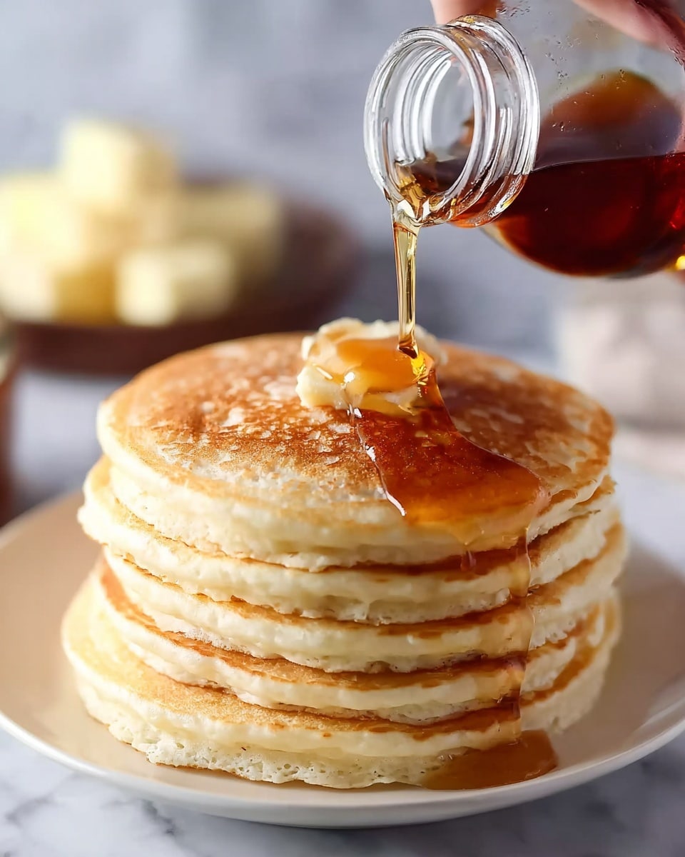 A stack of five thick, fluffy pancakes sits on a white plate, each pancake showing light golden brown edges with a soft, slightly spongy texture. From above, a woman's hand pours golden syrup from a small glass jar onto the top pancake, causing the syrup to pool and slowly spread. The background and surface are white marble, with a blurred plate of butter sticks visible in the distance. photo taken with an iphone --ar 4:5 --v 7