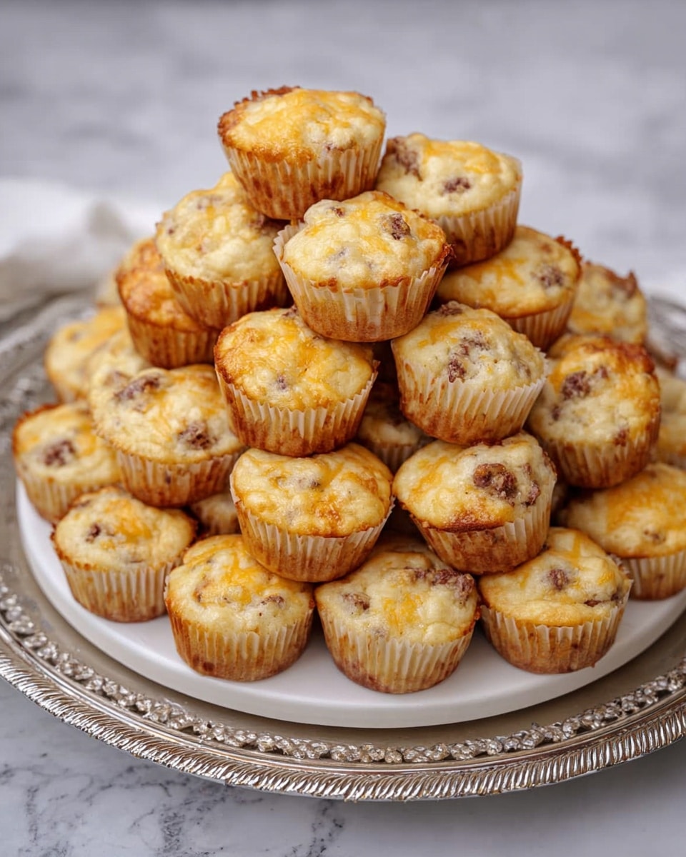A large pile of small muffins is stacked on a white plate at the center of a round silver tray with detailed edges, placed on a white marbled textured surface. The muffins have a light golden brown top with small darker brown spots, likely bits of some ingredient mixed in, and are in beige paper liners. The tops look slightly glossy and soft, with a few muffins showing a little melted orange cheese. The muffins are roughly three layers high in a close, neat pile. Photo taken with an iphone --ar 4:5 --v 7