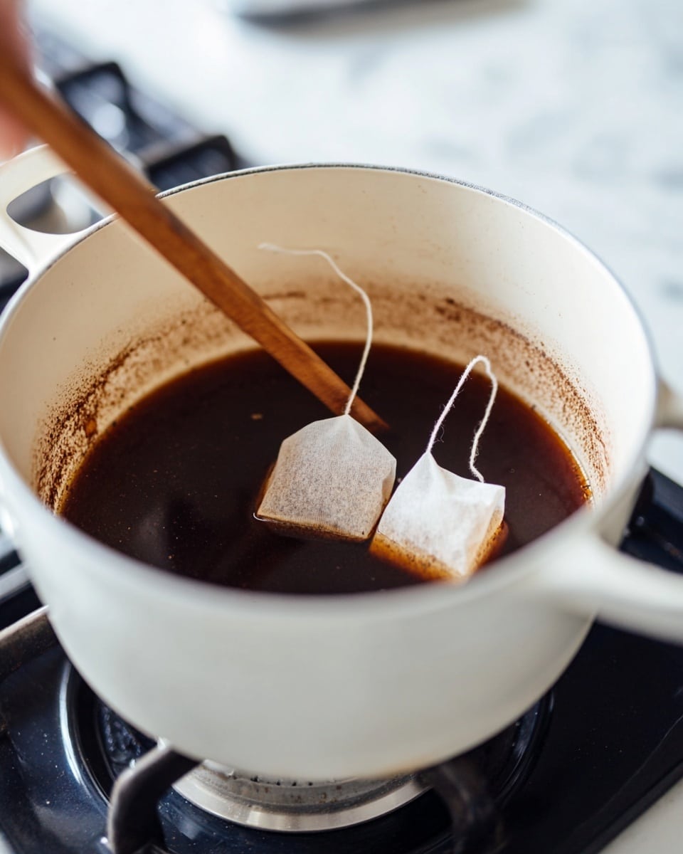 A white pot filled halfway with dark brown liquid that has a slightly thick texture with some powder residue around the inner sides of the pot. Two tea bags with beige paper covers sit partially submerged on the right side of the pot, with thin white strings hanging out. A smooth brown wooden stick is placed diagonally across the pot, partially in the liquid. In the background, a blurred woman's hand is visible, and the pot sits on a black and silver stovetop burner. The surface surrounding the stove is a white marbled texture. photo taken with an iphone --ar 4:5 --v 7