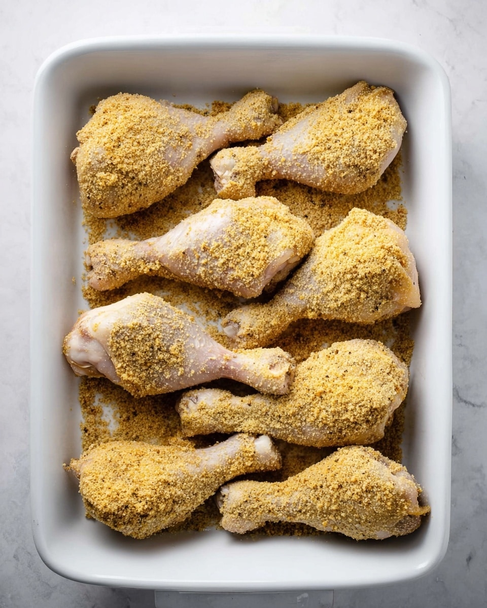 A white baking dish filled with nine raw chicken drumsticks evenly spaced out. Each drumstick is coated in a dry, crumbly mixture of light brown and golden yellow spices and breadcrumbs, giving the pieces a rough, textured surface. The dish is placed on a white marbled surface, creating a clean and bright background that highlights the contrast between the seasoned drumsticks and the smooth edges of the dish. photo taken with an iphone --ar 4:5 --v 7