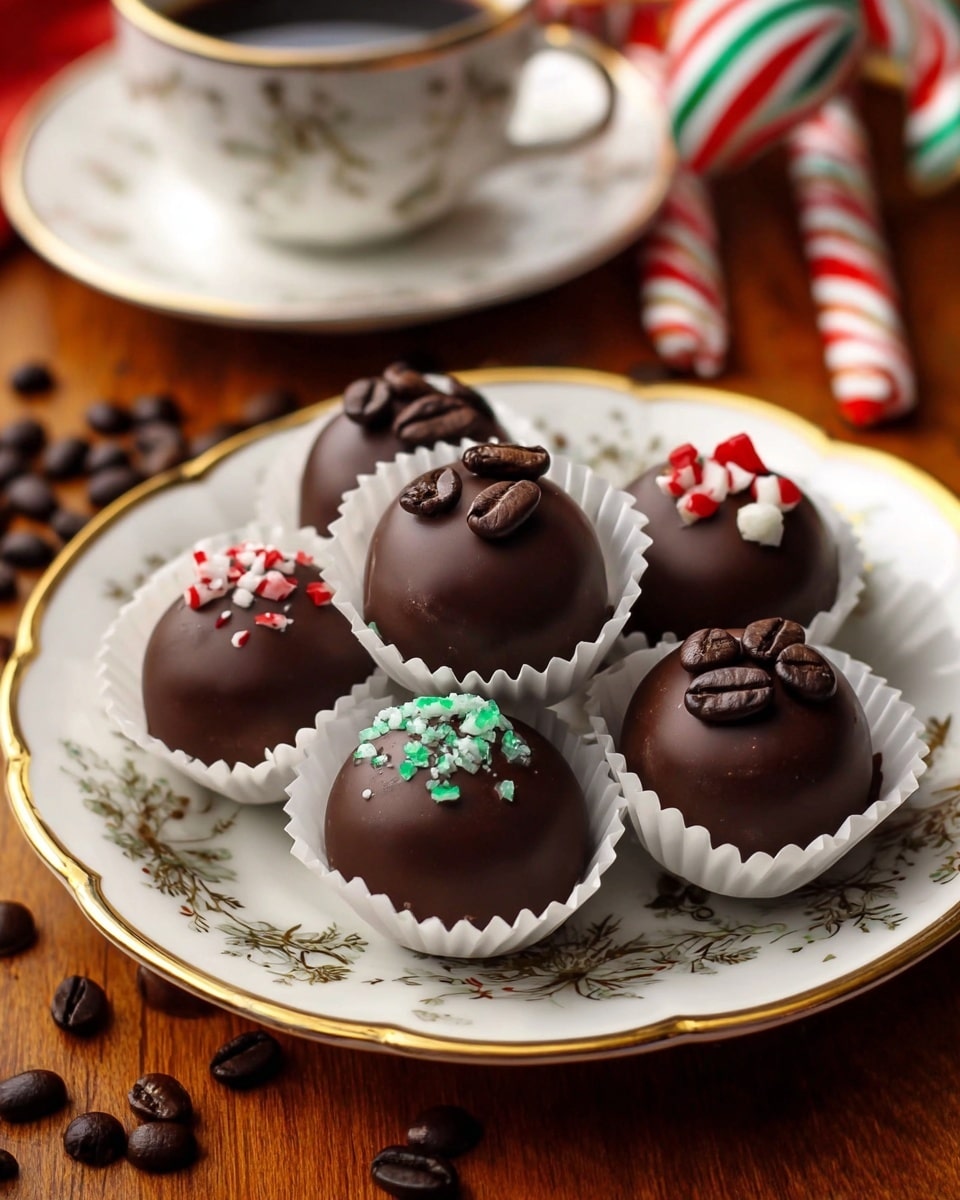 A white plate with a gold floral edge holds several round dark chocolate truffles, each placed in a white paper cup. The truffles are smooth and dark brown with two different toppings: some have small colorful peppermint pieces in red, white, and green, and others have dark coffee beans on top. Around the truffles on the plate are scattered whole dark coffee beans. The plate is on a warm wood-textured surface, with a candy cane with red, white, and green stripes and a white cup and saucer blurred in the background. photo taken with an iphone --ar 4:5 --v 7