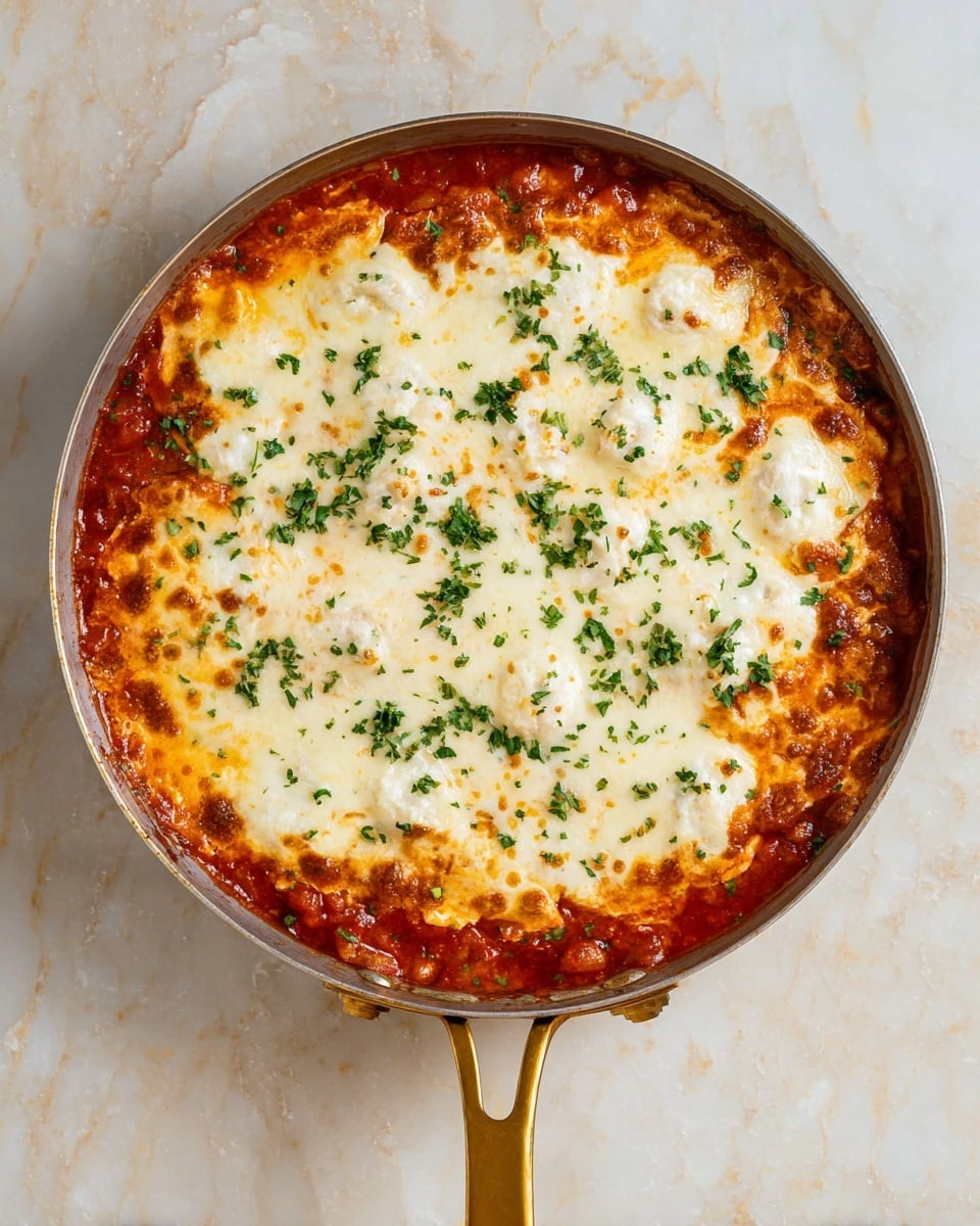 A round pan with a gold handle contains a dish with three visible layers. The bottom layer is a thick red tomato sauce with small chunks of vegetables and herbs. Above this lies a layer of ravioli pasta, which is pale yellow and slightly visible around the edges. The top layer is a thick, melted white cheese that is spread evenly with some browned spots and sprinkled with chopped green herbs. The pan rests on a white marbled surface. photo taken with an iphone --ar 4:5 --v 7