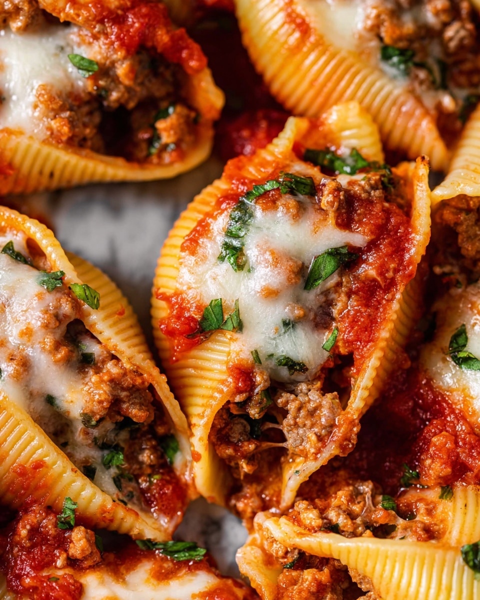 The dish shows three rolled pasta shells on a white plate, each filled with a mixture of meat and sauce, topped with melted white cheese. The pasta is covered in red tomato sauce with bits of green herbs sprinkled over the top, adding color and freshness. The pasta shells are a vibrant orange-red and have a slightly wrinkled texture. In the background on the plate, there are two slices of dark brown bread with a white spread on top. The whole scene sits on a white marbled surface, and a golden spoon is partially visible to the right. The focus is tight on the pasta rolls, making them look rich and appetizing. Photo taken with an iphone --ar 4:5 --v 7