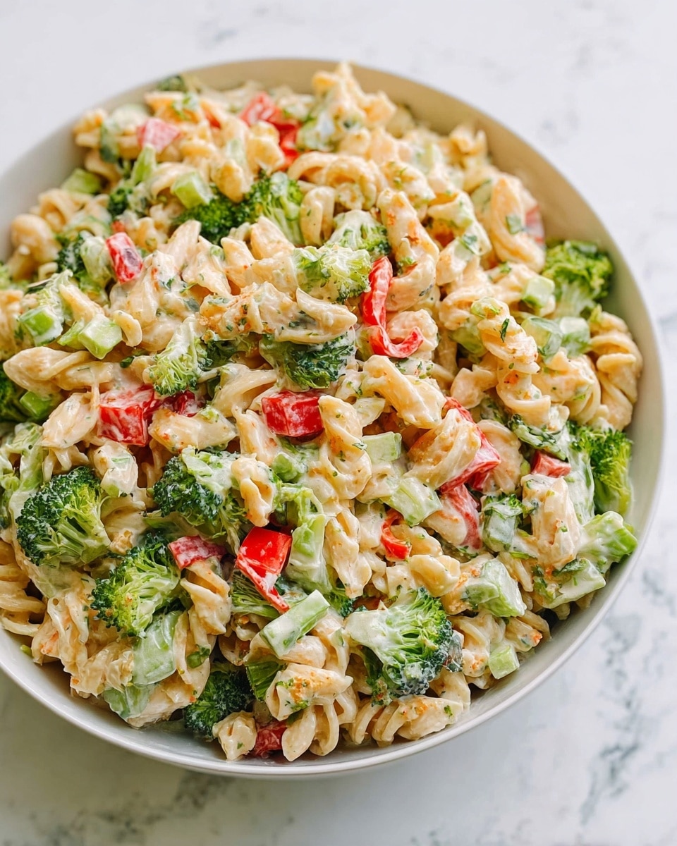The image shows a large white bowl filled with a pasta salad. The salad has three main layers: twisted elbow macaroni pasta in a light creamy sauce making up most of the dish; small chopped broccoli and green leafy bits mixed throughout adding a fresh, crunchy texture; and red bell pepper pieces scattered on top that add bright color. The pasta looks soft and coated in a dressing, while the veggies look fresh and vibrant. The bowl sits on a white marbled surface. Photo taken with an iphone --ar 4:5 --v 7