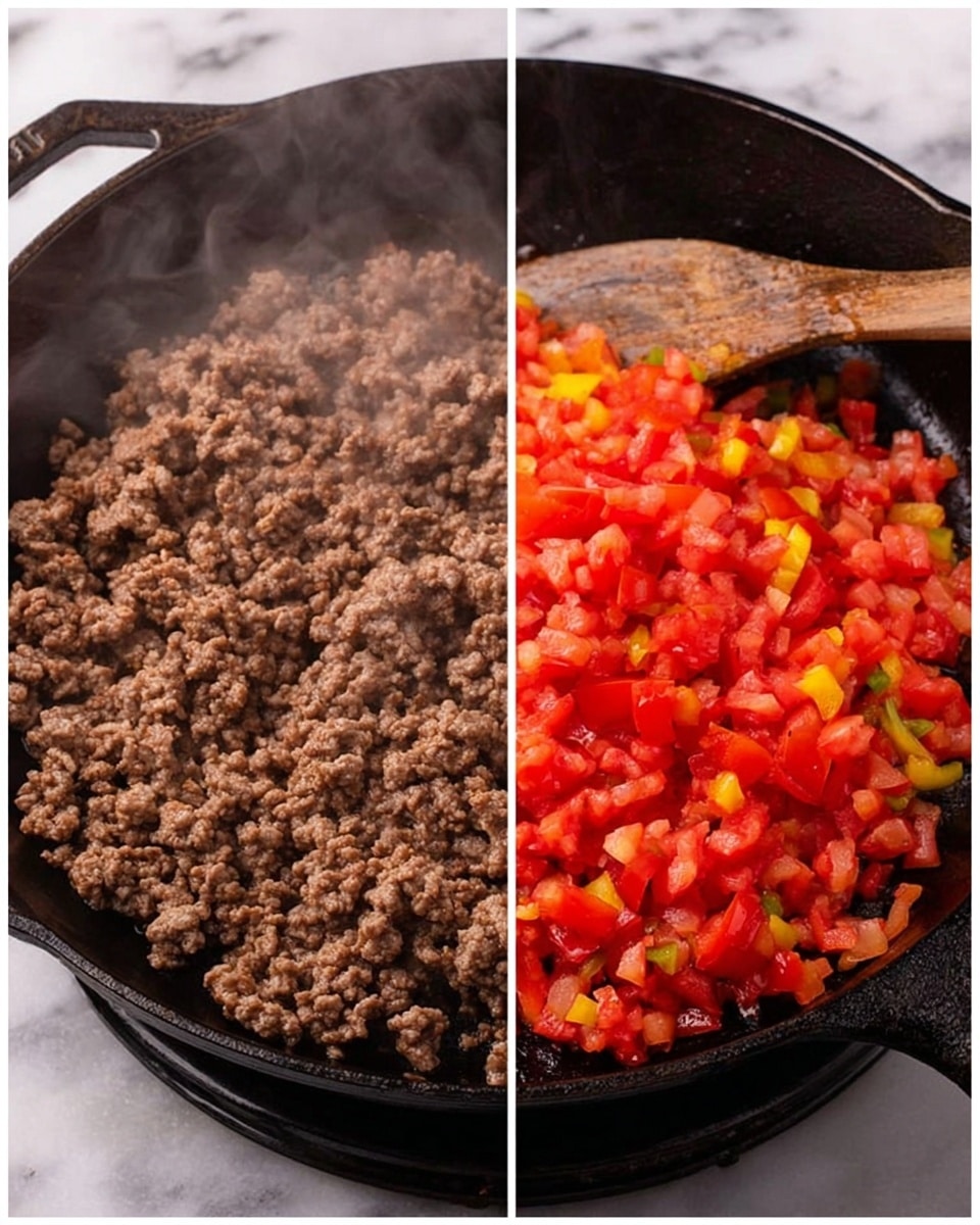 The image shows two side-by-side photos of a black cast iron skillet on a stove with a wooden spoon. On the left, the skillet is filled with cooked ground beef that is brown with a slightly crumbly texture, steaming gently. On the right, the same ground beef is visible on the bottom layer, with a fresh layer of chopped red tomatoes mixed with small pieces of yellow and green peppers added on top, creating a colorful contrast. The background and surface around the skillet are a white marbled texture. photo taken with an iphone --ar 4:5 --v 7
