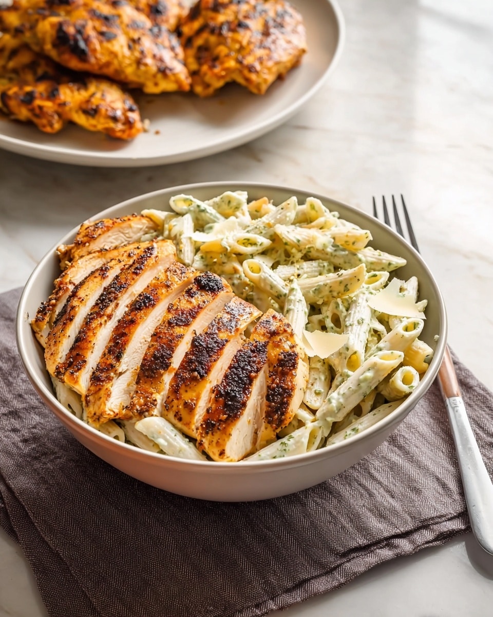 A white bowl holds a dish with two main layers: on the left side, creamy white penne pasta covered in a light sauce with a smooth texture, and on the right, sliced grilled chicken with a dark brown, spiced crust and white inside. Small chunks of light blue cheese are scattered on the chicken slices. A fork held by a woman's hand lifts a piece of pasta with some chicken, showing a close-up of the sauce and texture. The bowl sits on a gray cloth, and in the background, there is another white plate with more grilled chicken pieces on a white marbled surface. Photo taken with an iphone --ar 4:5 --v 7