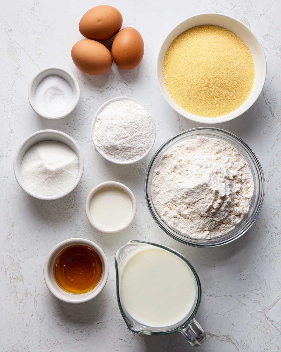 The image shows a top view of various baking ingredients arranged on a white marbled surface. There are two brown eggs at the top left. Around them are small white bowls with sugar, a white powder, a small amount of salt, and a bowl with melted butter. A large white bowl filled with yellow cornmeal is next to a clear glass bowl containing white flour. A glass pitcher filled with milk is placed at the right side, with a small white bowl of honey at the bottom. All the ingredients are neatly placed showing their different textures and colors clearly. Photo taken with an iphone --ar 4:5 --v 7