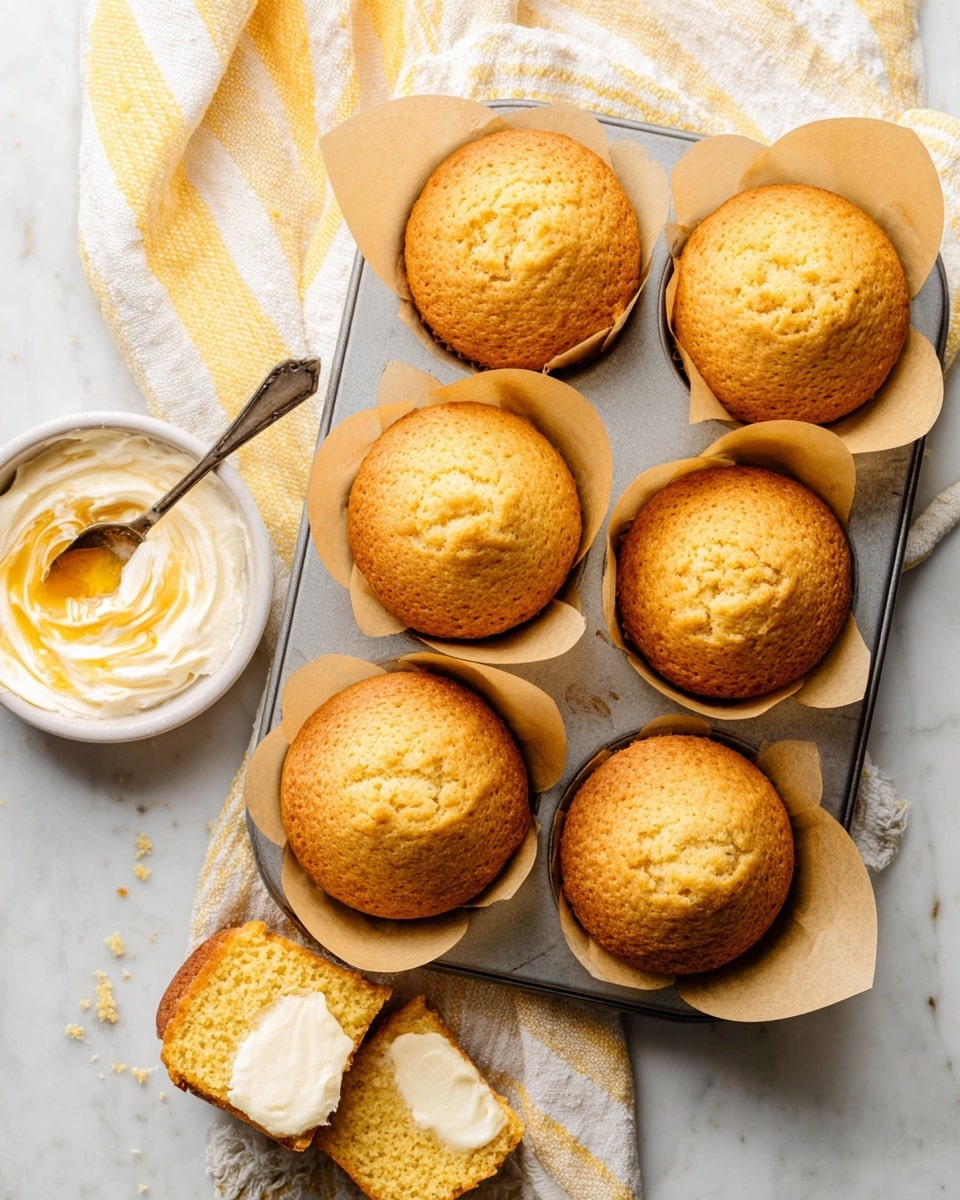 This image shows six golden corn muffins in a metal muffin tray, each muffin wrapped in light brown paper liners. The muffins have a slightly domed top with a soft, slightly cracked texture. Two muffins on the right side tilt slightly to show their golden brown sides. Below the tray, one muffin is broken in half with creamy white butter spread on its broken surface. In the bottom left corner, a white bowl contains a creamy spread topped with a golden syrup swirl and a spoon inside. The tray and bowl rest on a white marbled surface with a yellow and white striped cloth around them. Photo taken with an iphone --ar 4:5 --v 7