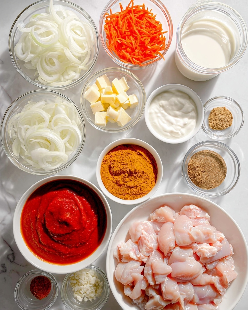 The image shows multiple white bowls and clear glass bowls with different ingredients placed on a white marbled surface. At the bottom right, there is a white bowl filled with light pink raw chicken pieces. To the left, a large clear glass bowl holds thinly sliced white onions. Above the onions, there are finely chopped orange carrots in a white bowl. Next to the carrots is a small clear bowl with pieces of white butter. Near the center, a white bowl contains a thick, smooth red tomato paste, and to the right of it is another white bowl filled with yellow curry powder. There is a small white bowl with light brown ground spice above the curry powder. A glass container on the top right holds white milk. Near the center bottom, a small clear bowl contains white yogurt with a creamy texture. Surrounding these main bowls, there are tiny clear bowls with minced garlic and ginger, and a small clear bowl with clear lemon juice. At the bottom left, there is a white bowl with smooth red tomato sauce. The scene is bright with natural light. Photo taken with an iphone --ar 4:5 --v 7