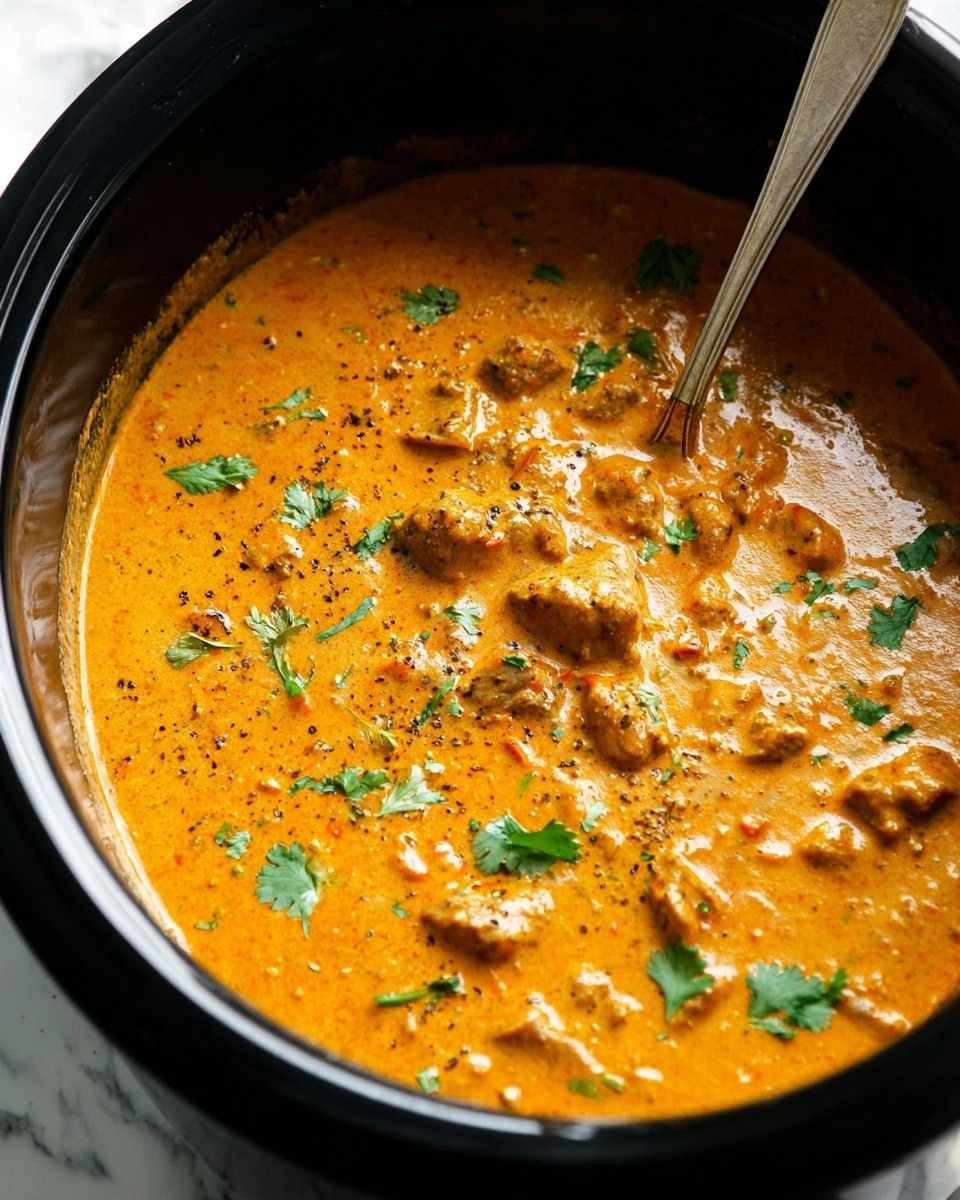The image shows a rich, creamy orange curry with visible pieces of meat and small diced vegetables mixed well within the sauce. The curry is garnished with small green cilantro leaves and a few sprinkles of ground black pepper on top. A silver spoon is partially dipped into the thick curry, placed inside a large black pot. The background features a white marbled texture seen around the edges of the pot. photo taken with an iphone --ar 4:5 --v 7