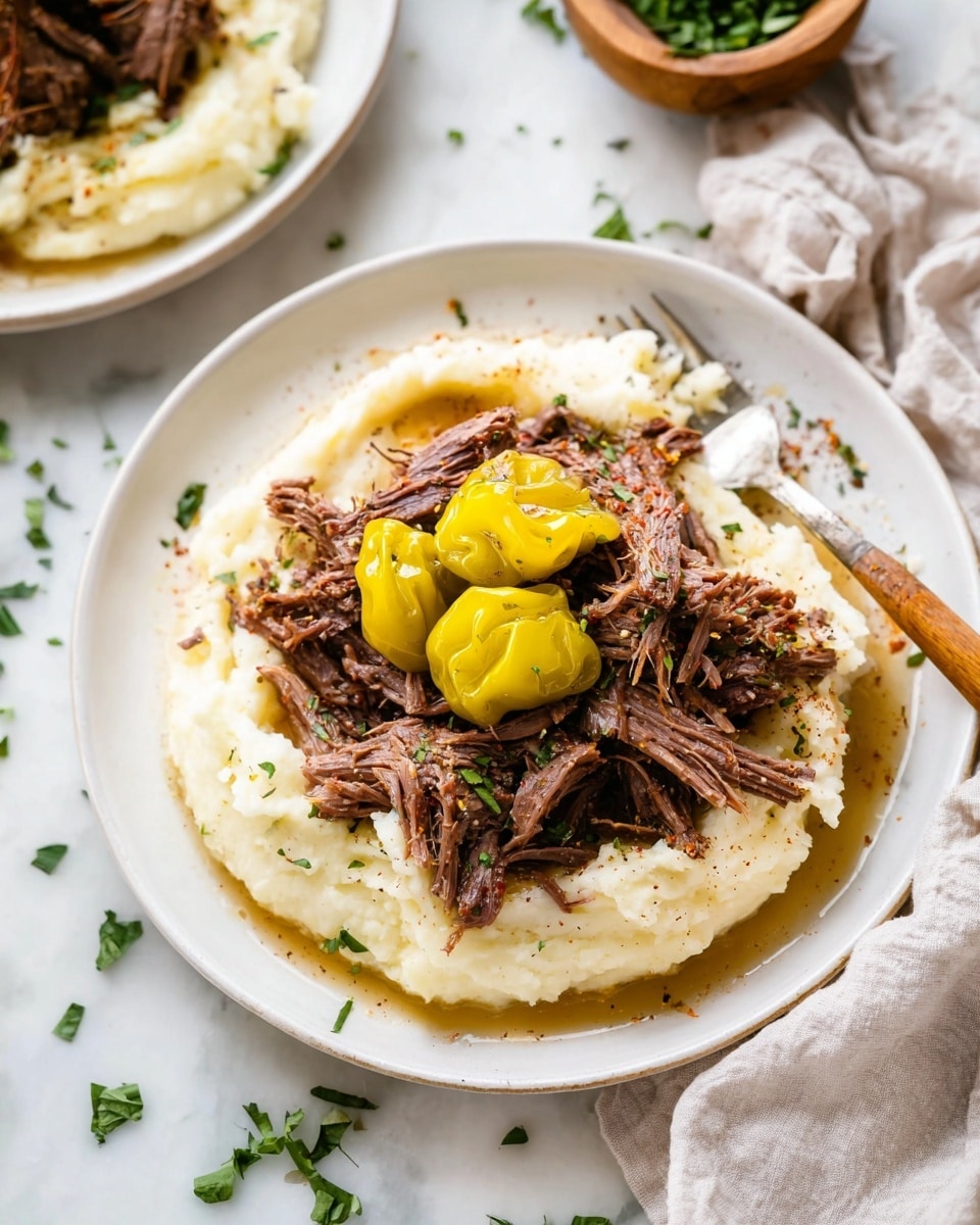 The image shows a close-up of shredded cooked meat in a white bowl with a layer of thin, dark brown broth covering the bottom, giving a shiny, moist look to the meat. Several soft yellow peppers or similar vegetables are spread on top and around the meat, adding a pop of color. Two metal forks are pulling apart the meat, showing the stringy texture and slightly crispy edges. The bowl sits on a white marbled surface. photo taken with an iphone --ar 4:5 --v 7