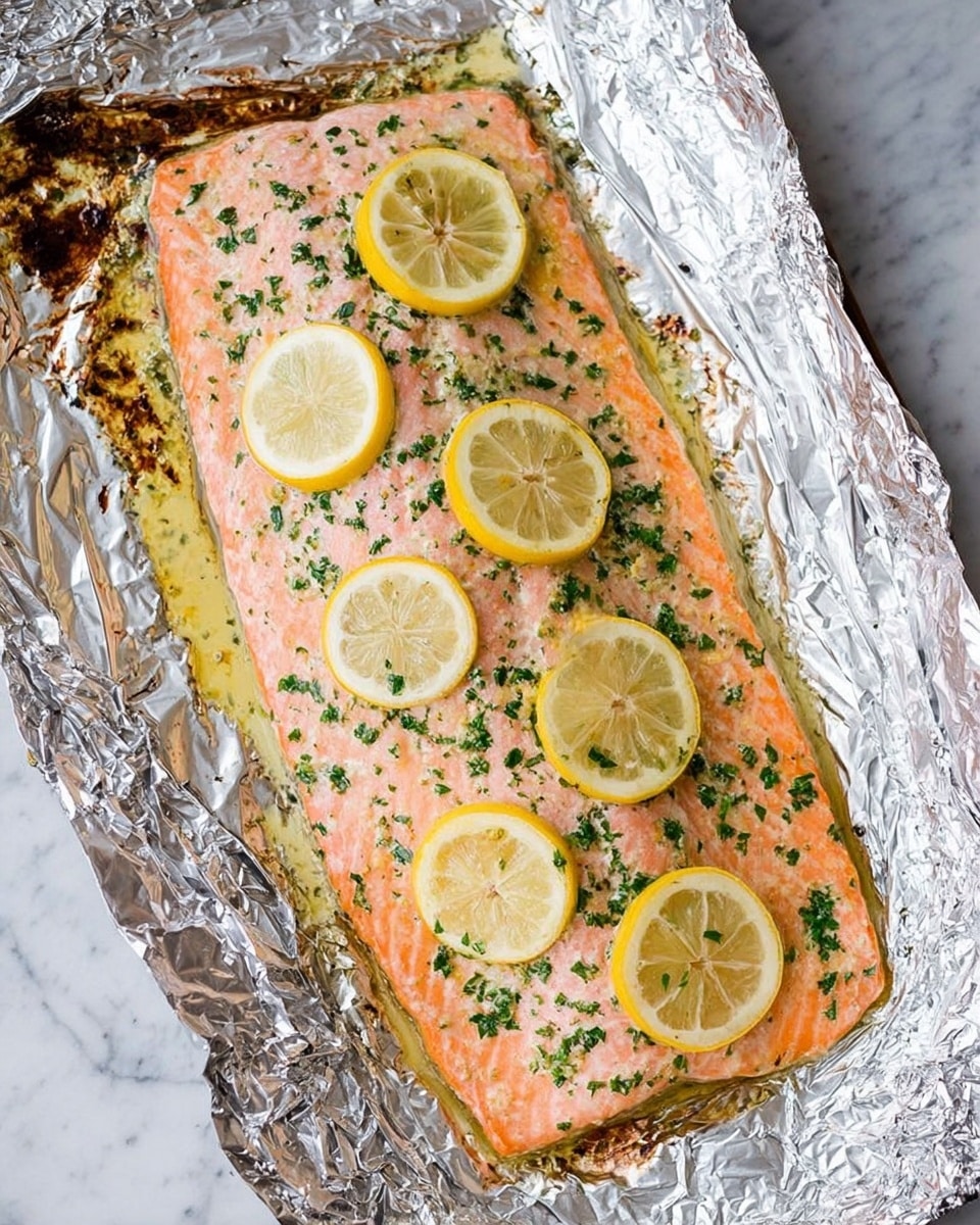 A large piece of cooked salmon rests on crinkled silver foil. The salmon is pale orange with a slightly shiny texture, covered evenly with finely chopped green herbs. Six thin lemon slices are scattered on top of the salmon in a loose pattern, adding bright yellow accents. The foil has some browned spots and is shaped around the salmon, creating folds and creases. All this sits on a white marbled surface. photo taken with an iphone --ar 4:5 --v 7