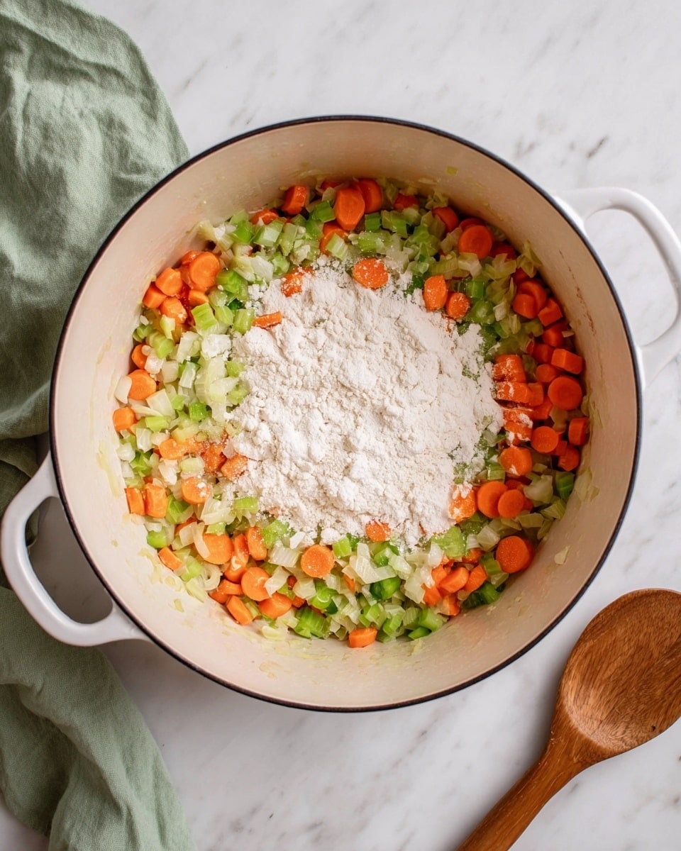 A white pot sits on a white marbled surface, filled with a mixture of chopped vegetables and flour. The bottom layer shows cooked diced onions with a soft, slightly translucent texture, mixed evenly with bright green celery pieces cut into small chunks. Overlapping the celery are sliced orange carrots, round and thick. In the center, there is a mound of white flour resting on top of the vegetables, contrasting sharply with the colorful mix around it. To the right of the pot, a wooden spoon lies flat on the white marbled surface, and to the left edge, a soft green cloth is slightly visible. Photo taken with an iphone --ar 4:5 --v 7
