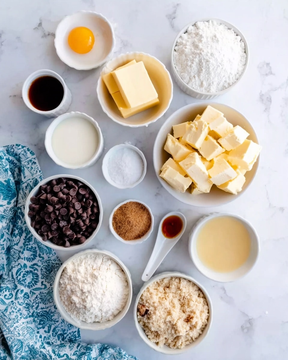 The image shows 13 small white bowls and plates arranged on a white marbled surface, each holding different baking ingredients. There is a bowl with two square yellow butter sticks, one with a single egg yolk, another with white granulated sugar, one with brown sugar, and a bowl filled with small cubed butter pieces. Others contain dark brown chocolate chips, white flour, white powdered sugar, a yellow liquid, and cream-colored liquids. Two small white spoons hold a dark amber liquid and a white powder, and there is a small bowl with a light beige crumbly mix. A blue patterned cloth is placed near the bottom left corner. The scene is bright and clean, showing all ingredients ready for baking, photo taken with an iphone --ar 4:5 --v 7