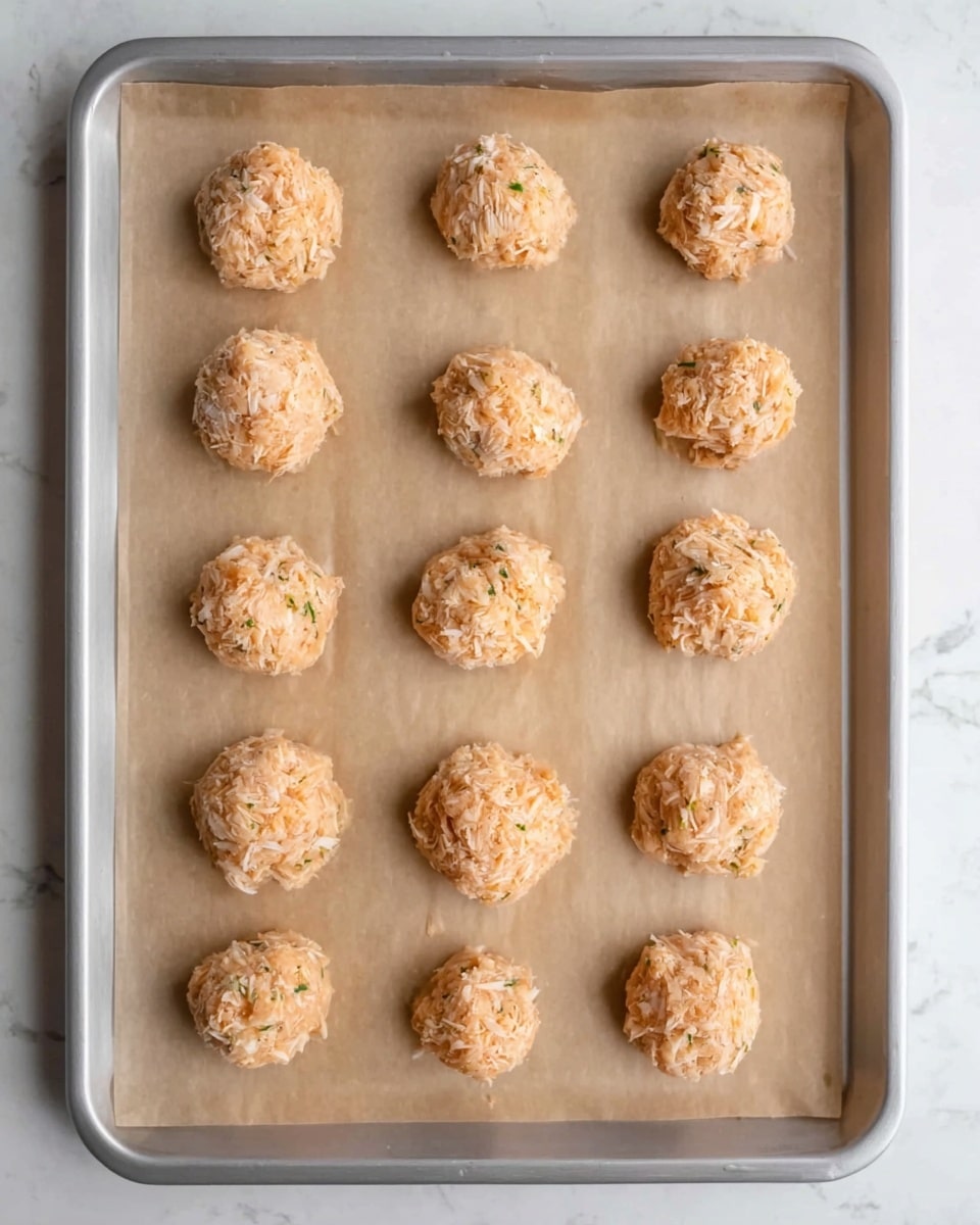 The image shows a baking tray lined with light brown parchment paper on a white marbled surface. On the tray, there are 18 round balls of mixture, evenly spaced in four rows. Each ball is pale orange with a rough texture, looking like a mix of shredded ingredients pressed together. The balls appear soft and moist, with small green flecks visible throughout. The baking tray is light gray, and the overall scene is bright and clean. photo taken with an iphone --ar 4:5 --v 7