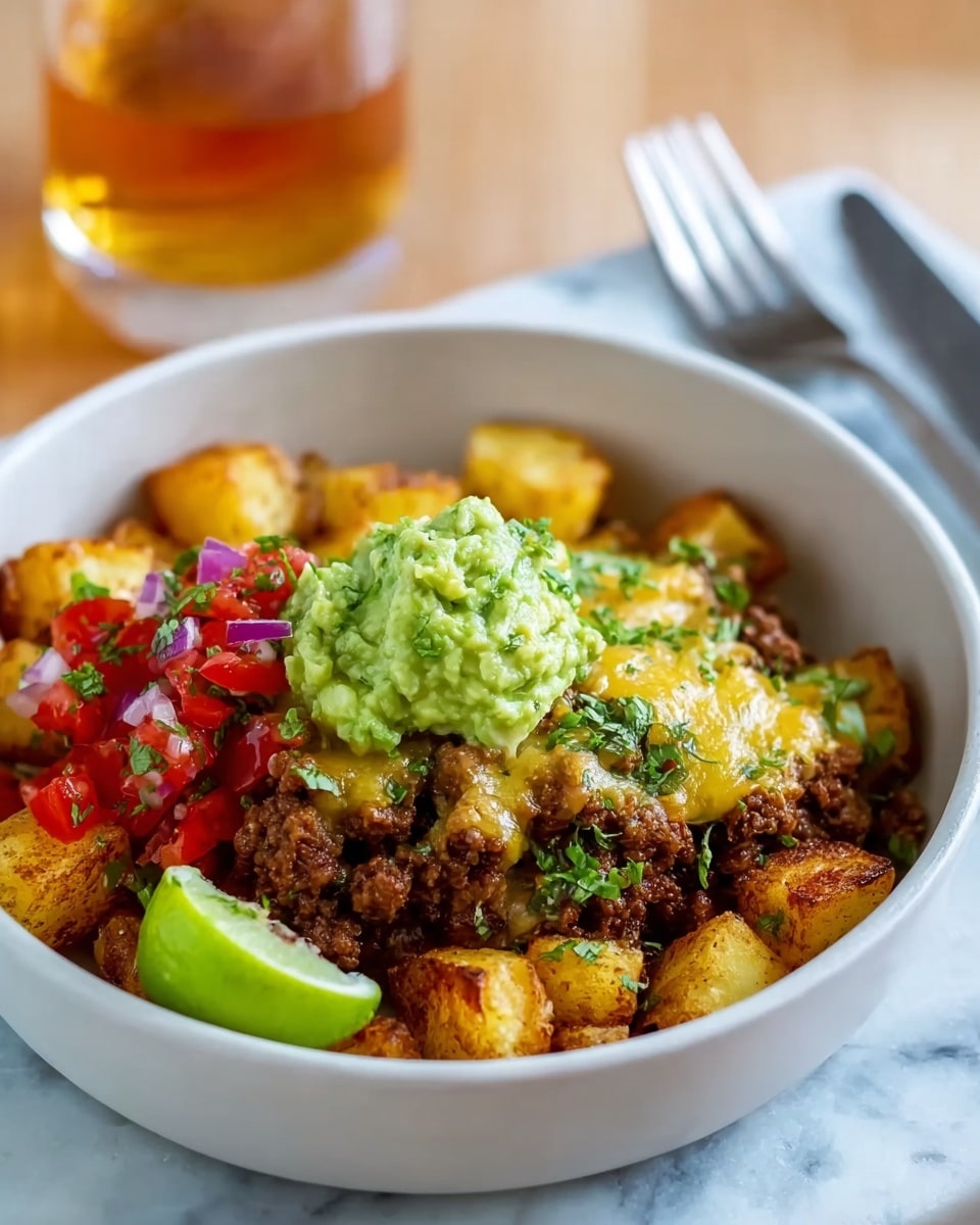A white bowl filled with three main layers: the bottom layer is golden-brown roasted potato chunks, the middle layer is browned ground meat mixed with some melted cheese that has a light yellow color, and the top layer has bright green guacamole and fresh red diced tomatoes mixed with chopped purple onions and green herbs. A quarter of green lime sits on the rim of the bowl. The bowl is placed on a light wood surface with a fork and a glass of amber-colored drink with ice nearby. Photo taken with an iphone --ar 4:5 --v 7