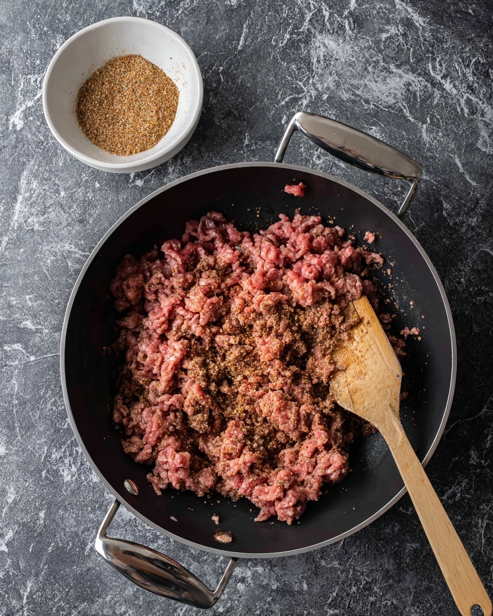 A close-up top view shows a black pan with silver handles containing ground meat in the process of cooking; the meat is a mix of pink raw and brown cooked parts with a rough texture and some seasoning sprinkled on top, giving a speckled reddish-brown look. A wooden spatula is resting inside the pan, partly covering the meat. Above the pan is a small white bowl filled with coarse brownish seasoning. The pan and bowl sit on a dark grey surface textured like stone, changed here to a white marbled texture. photo taken with an iphone --ar 4:5 --v 7