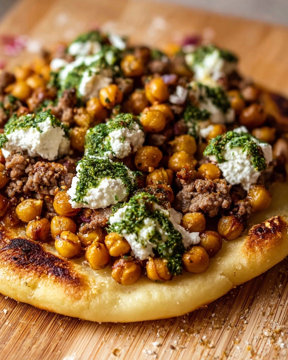 This image shows a flat round piece of golden brown bread with a soft and slightly puffy texture as the base. On top of the bread, there are scattered roasted chickpeas that are golden and crispy-looking. Small pieces of brown cooked ground meat are mixed throughout, adding texture. Dollops of white creamy cheese are spread on top, some with small green herb sauce drizzled over them. The whole dish is on a light-colored wooden surface with a warm and cozy feel. photo taken with an iphone --ar 4:5 --v 7