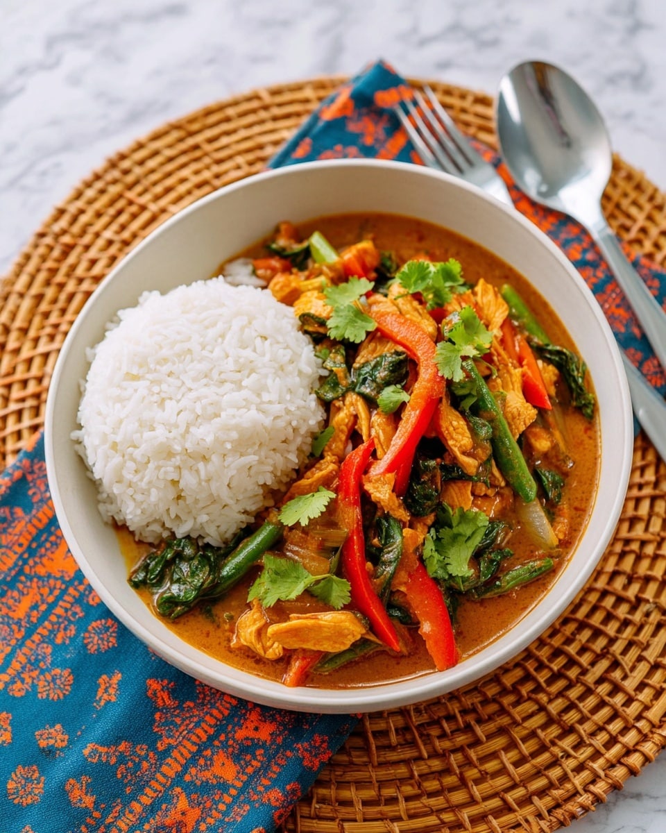 A white bowl holds a serving of white rice shaped in a smooth dome on the left side. On the right side, there is a colorful curry with slices of orange chicken, bright green leafy vegetables, green beans, and thin strips of red bell pepper, all coated in a thick orange-brown sauce. Fresh green cilantro leaves are scattered on top for garnish. The bowl is placed on a round woven rattan mat over a white marbled surface. Next to the bowl, a silver fork and spoon rest on a blue and orange patterned cloth. Photo taken with an iphone --ar 4:5 --v 7