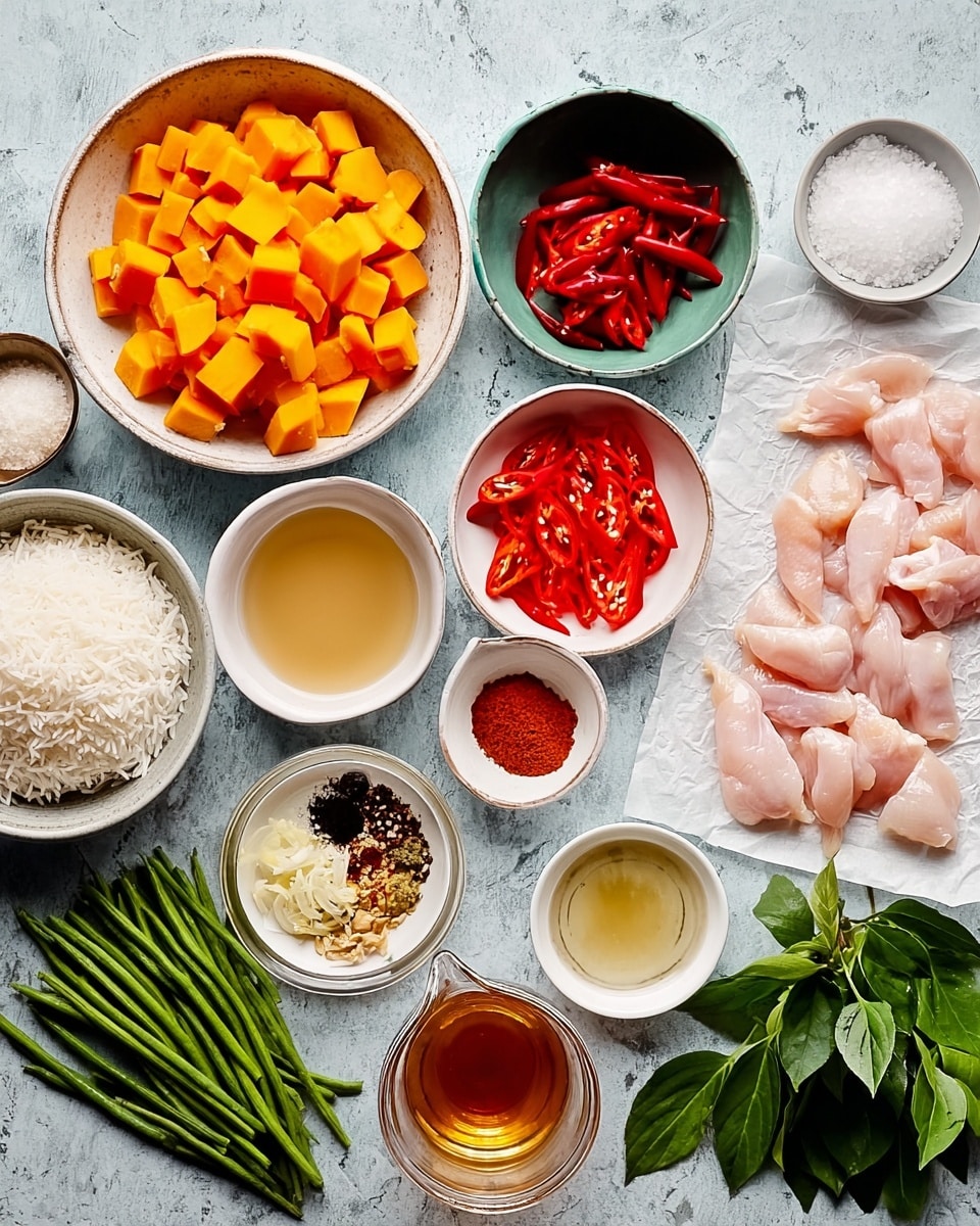 The image shows a flat lay of raw ingredients on a white marbled surface. In the center right, thin pale pink chicken slices rest on white parchment paper. To the left, a bowl of white cooked rice sits near a bowl of bright orange diced pumpkin and a bowl with red pepper strips. Surrounding these are small bowls with light and dark liquids, bright red chili slices, green beans, chopped lemongrass, minced garlic, ground spices, a clear light brown broth in a glass jug, and a small white bowl with salt. Fresh dark green leafy herbs are placed on the far right. Everything is neatly arranged with clean and clear colors. photo taken with an iphone --ar 4:5 --v 7