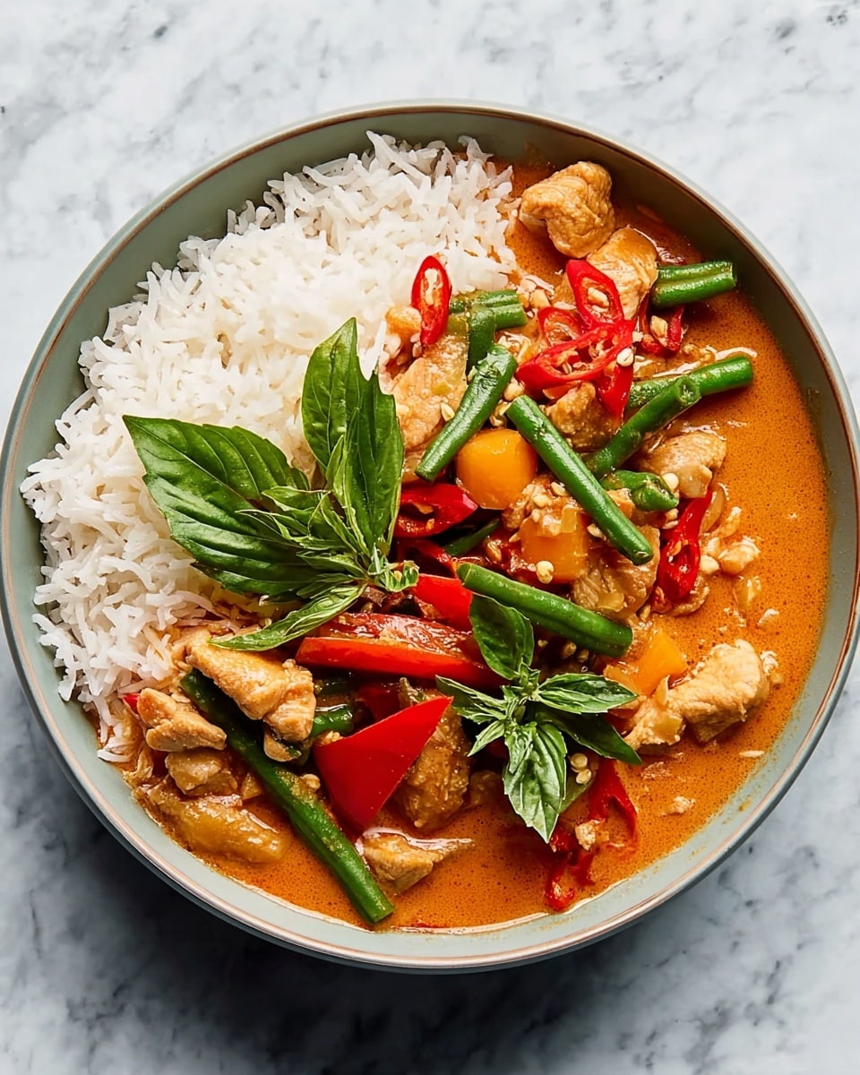 A round white bowl holds a dish with two main layers: on one side, a fluffy layer of white rice with visible grains, and on the other side a rich orange curry sauce filled with pieces of light brown chicken, green beans, bright red pepper strips, and orange cubes of vegetables. Red chili slices and fresh green basil leaves are scattered on top, adding color contrast and freshness. The bowl sits on a white marbled surface. Photo taken with an iphone --ar 4:5 --v 7