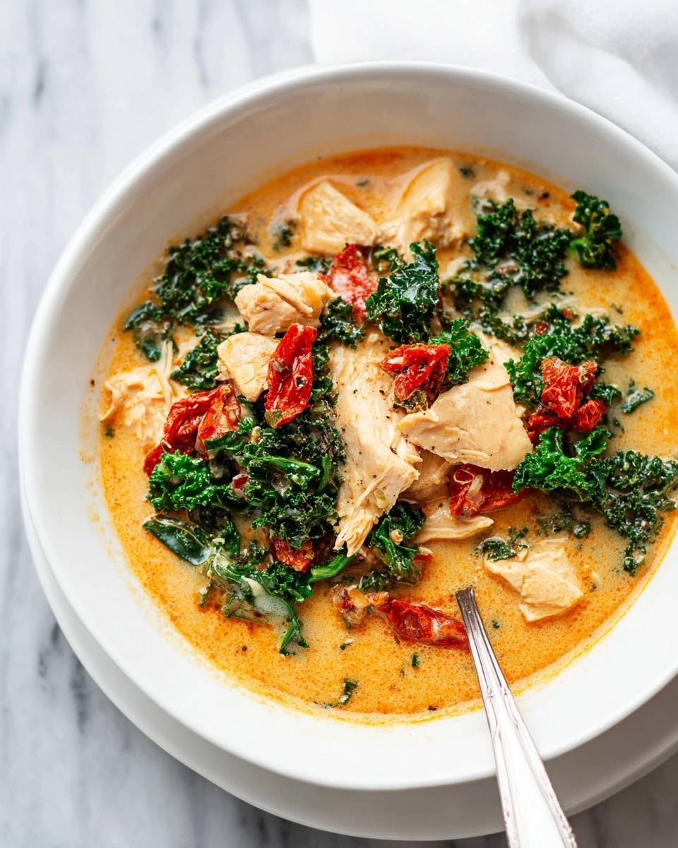A white bowl filled with a creamy orange broth as the base layer, topped with pieces of light beige cooked chicken, dark green leafy kale, and small chunks of bright red sun-dried tomatoes scattered on top. A silver spoon rests inside the bowl on the right side, partially immersed in the broth. The bowl sits on a white marbled surface. photo taken with an iphone --ar 4:5 --v 7
