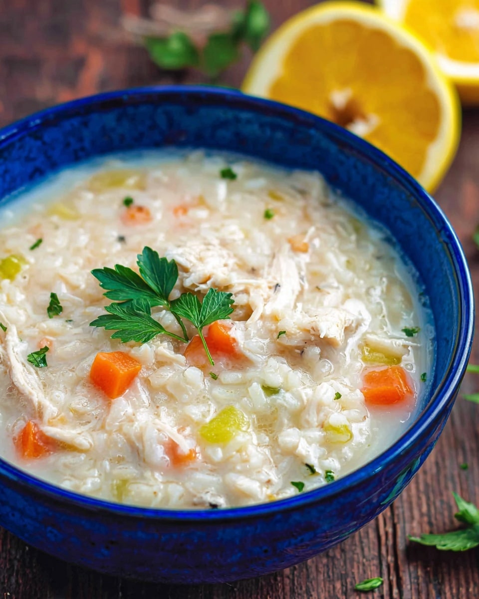 A blue bowl filled with creamy chicken and rice soup sits on a wooden surface, showing a thick layer of white broth mixed with shredded white chicken pieces and rice grains. Within the soup, small chunks of orange carrots and light green celery add splashes of color, while a few bright green parsley leaves float on top as garnish. In the background, blurred yellow lemon wedges add contrast. Photo taken with an iphone --ar 4:5 --v 7