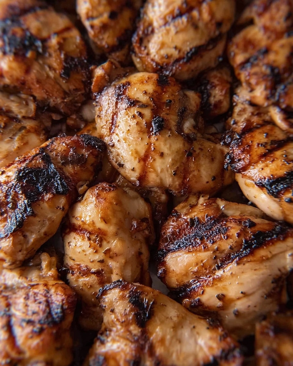 The image shows many pieces of grilled chicken arranged closely together, each piece with a light brown color and visible char marks. The texture appears juicy with small dark spots from the grill, creating a slightly uneven but appetizing surface. The chicken pieces cover the entire frame, with no other items or background visible, and the focus is sharp, showing the detail in the grilled edges and seared skin. photo taken with an iphone --ar 4:5 --v 7