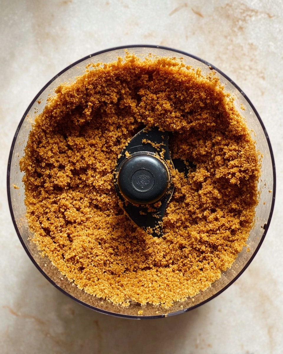 The image shows a single layer of golden brown crumbly mixture inside a clear food processor bowl. The crumbs are evenly spread along the bottom and slightly up the sides, creating a thick base around the center blade. The texture looks grainy and dry, with small clusters visible throughout. The food processor is sitting on a white marbled surface, and natural light casts soft shadows inside the bowl. Photo taken with an iphone --ar 4:5 --v 7
