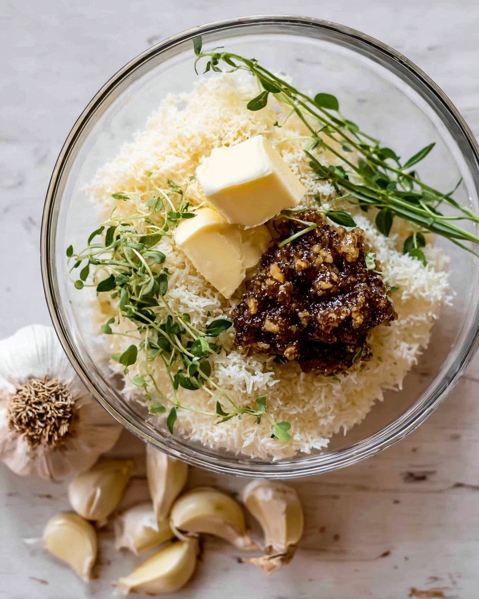 A clear glass bowl sits on a white marbled surface, filled with layered ingredients. The bottom layer is fluffy white grated cheese covering the whole bowl base. On top, there are fresh green herb sprigs scattered around. Above the herbs, there is a chunk of pale yellow butter melting slightly and next to it, a thick dollop of dark brown nutty mixture with a chunky texture. Outside the bowl at the bottom are garlic cloves and peels scattered on the white marbled surface. photo taken with an iphone --ar 4:5 --v 7