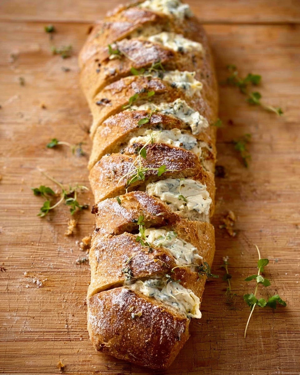 A long loaf of bread with a golden brown crust sits on a wooden surface, sliced diagonally about 10 times. Between each slice, creamy white cheese mixed with flecks of green herbs oozes slightly, filling the spaces. The top crust shows a light dusting of flour or cornmeal for texture. Small green herb sprigs are scattered on and around the bread, adding a fresh touch. The background is a light brown wood with natural grain patterns. photo taken with an iphone --ar 4:5 --v 7