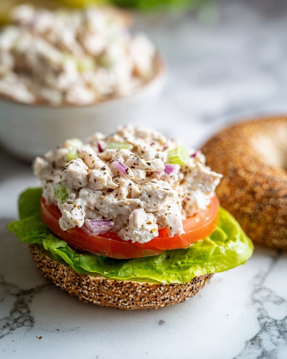 The image shows an open sandwich with three clear layers on a white marbled surface: the bottom layer is a bright green, leafy lettuce, topped with a thick, round slice of red tomato, and the top layer is a chunky mix of creamy white chicken salad with bits of pale celery and purple red onion, sprinkled with black pepper. To the right of the sandwich sits a whole bagel with a speckled brown crust. In the blurry background on the left, a white bowl holding more chicken salad is visible. Photo taken with an iphone --ar 4:5 --v 7