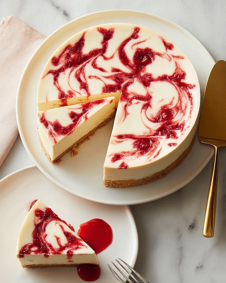 The image shows slices of cheesecake arranged with some space between them on a white marbled surface. Each slice has two main layers: a thick, light beige crumbly crust at the bottom, and a thick, creamy white cheesecake layer on top. Swirled thin red fruit sauce adds decoration on the top cheesecake layer of some slices, with one slice showing a thicker drizzle of the red sauce on top. The texture of the cheesecake layer looks smooth and soft. Photo taken with an iphone --ar 4:5 --v 7