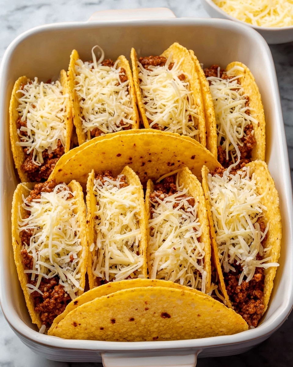 A white baking dish holds six yellow hard taco shells standing upright in two rows. Each shell is filled with a base layer of cooked brown ground meat, topped with a generous layer of shredded pale yellow cheese. The taco shells have a slightly crunchy texture with small brown spots, and the cheese looks soft and fine. The dish sits on a white marbled surface, with another white bowl partially visible in the background. photo taken with an iphone --ar 4:5 --v 7