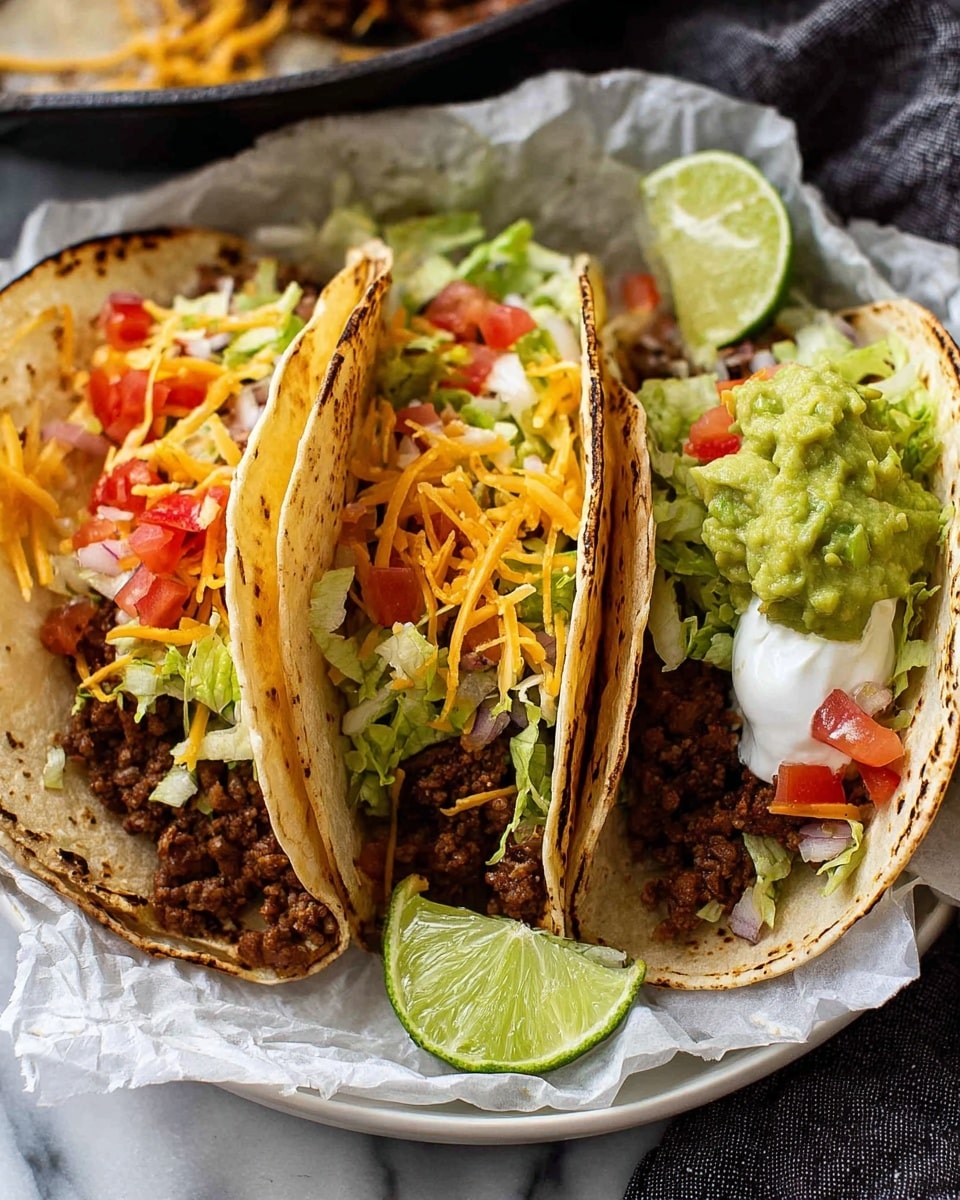 The image shows three soft tacos arranged side by side on white parchment paper inside a white plate. Each taco has a light brown tortilla with slight charring. The first taco is filled with ground meat, shredded orange cheese, chopped green lettuce, diced red tomatoes, and white onion pieces. The second taco contains ground meat, shredded orange cheese, a green scoop of guacamole with visible chunks, and lettuce. The third taco is layered with ground meat, shredded orange cheese, lettuce, a dollop of white sour cream, and lime wedge on the side. The background consists of a white marbled surface, with a dark cloth and cast iron pan slightly visible. Photo taken with an iphone --ar 4:5 --v 7