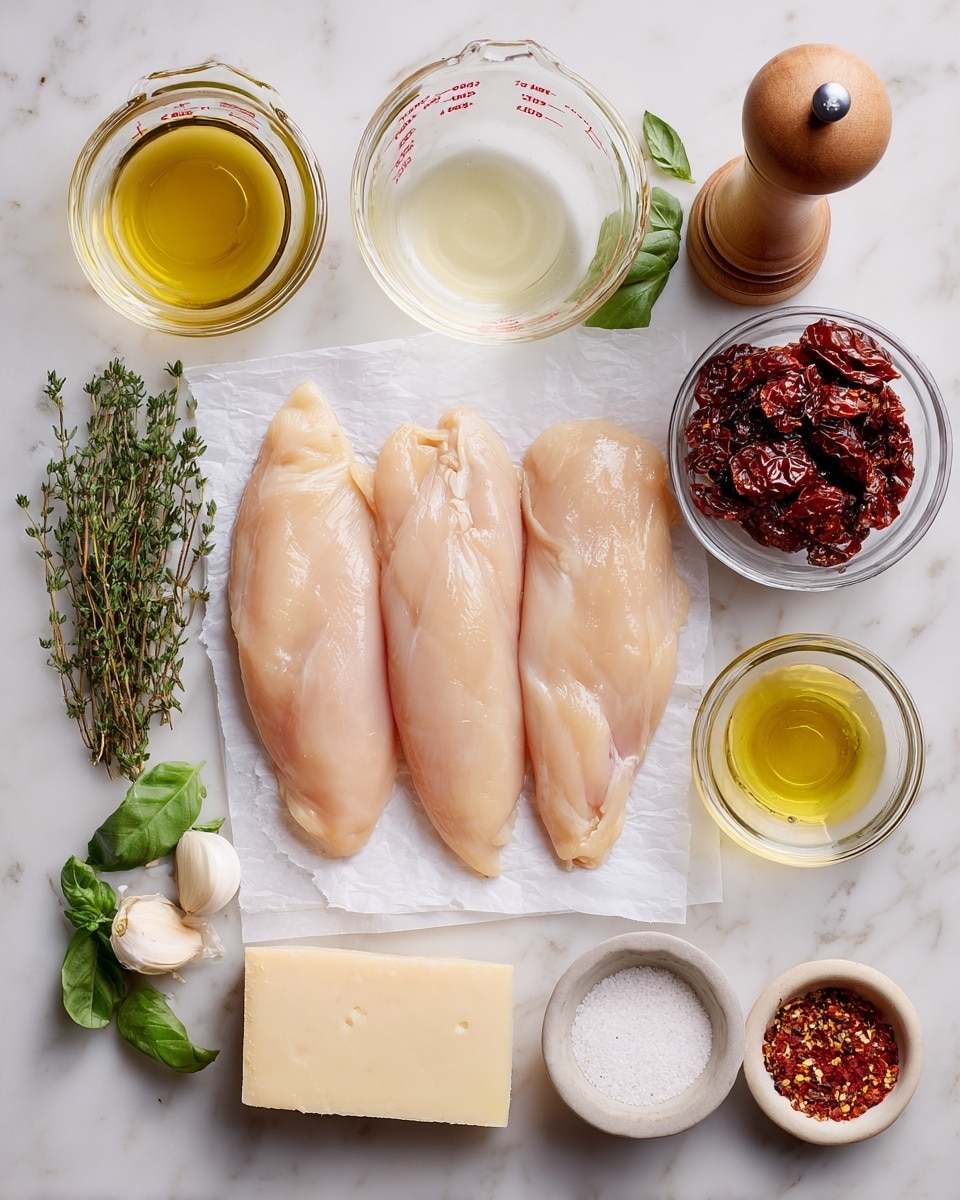 The image shows a top view of cooking ingredients arranged neatly on a white marbled surface. In the center, four raw chicken fillets lie side by side on parchment paper, displaying a smooth, pale pink texture. Above them, from left to right, there is a glass measuring cup with a light golden liquid, another glass measuring cup holding a creamy white liquid, and a small clear bowl containing dark red sun-dried tomatoes. To the right of these, a tall pepper grinder with a wooden top stands upright. To the left of the chicken, two sprigs of fresh green thyme and bright green basil leaves rest next to two cloves of garlic. Below the chicken, a wedge of pale yellow hard cheese is placed on the left, followed by a small glass bowl of olive oil, then a small bowl of coarse white salt, and lastly, a small bowl of red chili flakes, all evenly spaced. Photo taken with an iphone --ar 4:5 --v 7