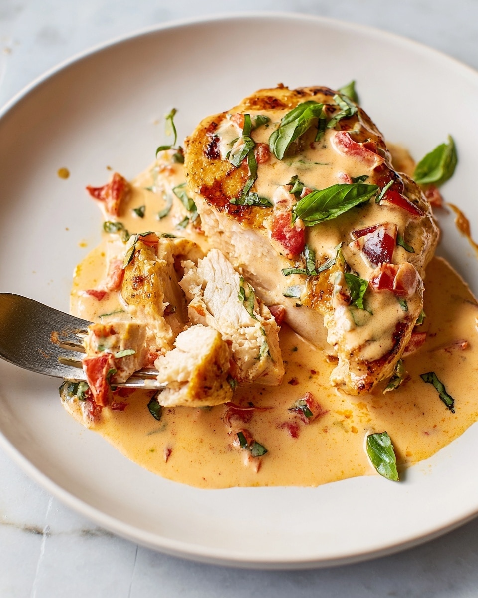 A white plate sits on a white marbled surface holding a grilled piece of chicken, with a slightly browned top layer and juicy texture inside. The chicken is covered with a creamy, light orange sauce that has bits of red and green, likely from small pieces of vegetables or herbs. Bright green basil leaves are scattered on top and around the chicken. A silver fork holds a small piece of the chicken dipped in the sauce near the bottom left of the plate. The sauce spreads out thinly on the plate below the chicken, creating a mixed texture of creamy and smooth with some chunks. photo taken with an iphone --ar 4:5 --v 7