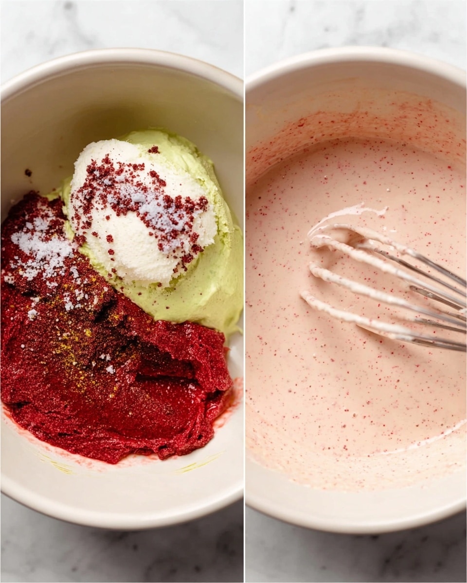 The image shows two views of making a sauce in a white bowl on a white marbled surface. The left side shows separate layers: a red thick paste at the bottom right, topped by a dollop of green creamy mixture, then a large white creamy scoop on the left, sprinkled with a generous amount of dark red powder and some white granules on top. On the right side, the ingredients are mixed into a smooth light pink sauce with visible red specks, and a whisk is partially visible stirring the sauce in the bowl. Photo taken with an iphone --ar 4:5 --v 7