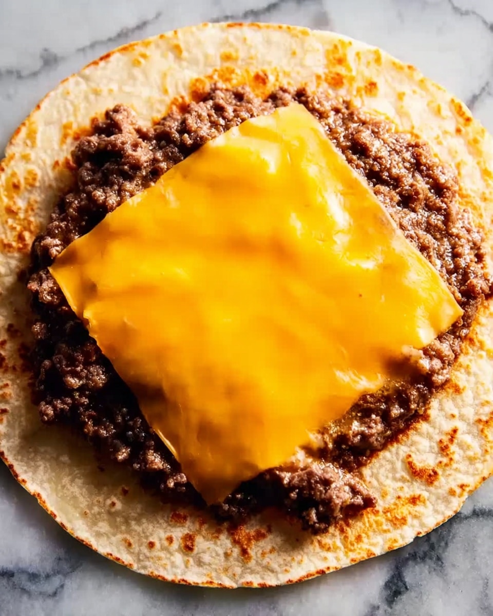 A close-up view of an open flat tortilla topped with one layer of cooked ground meat spread evenly, showing a dark brown, crumbly texture, and a second layer consisting of a single slice of melted cheddar cheese in a bright orange color, placed in the center, slightly covering the meat below. The tortilla edges are lightly browned, and the dish is placed on a white marbled surface. photo taken with an iphone --ar 4:5 --v 7